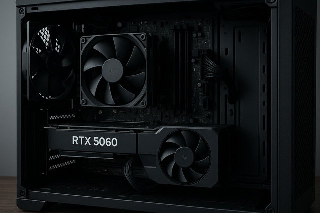 Interior of a desktop PC with RTX 5060 graphics card installed