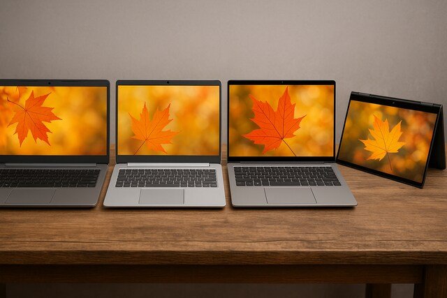 Four HP laptops lined up with autumn screens on a wooden desk.