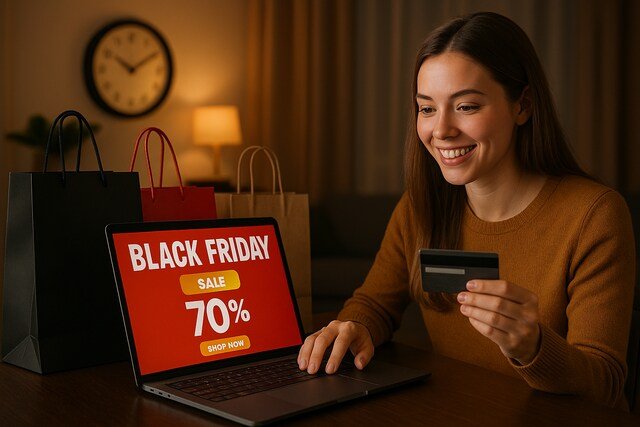 Woman shopping online during Black Friday with credit card and laptop.
