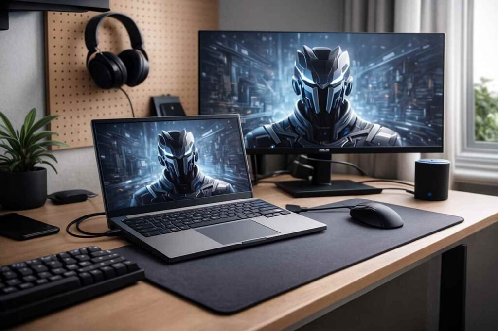 ASUS Zephyrus G14 laptop setup in a modern workspace.