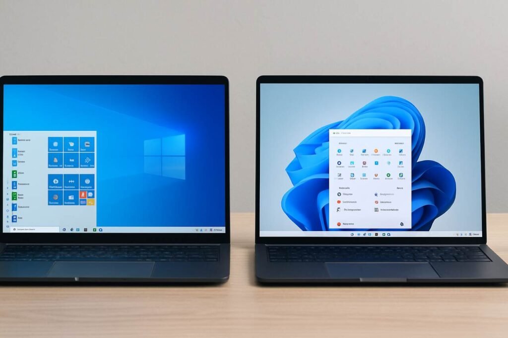 Windows 10 vs Windows 11 side-by-side comparison on laptops