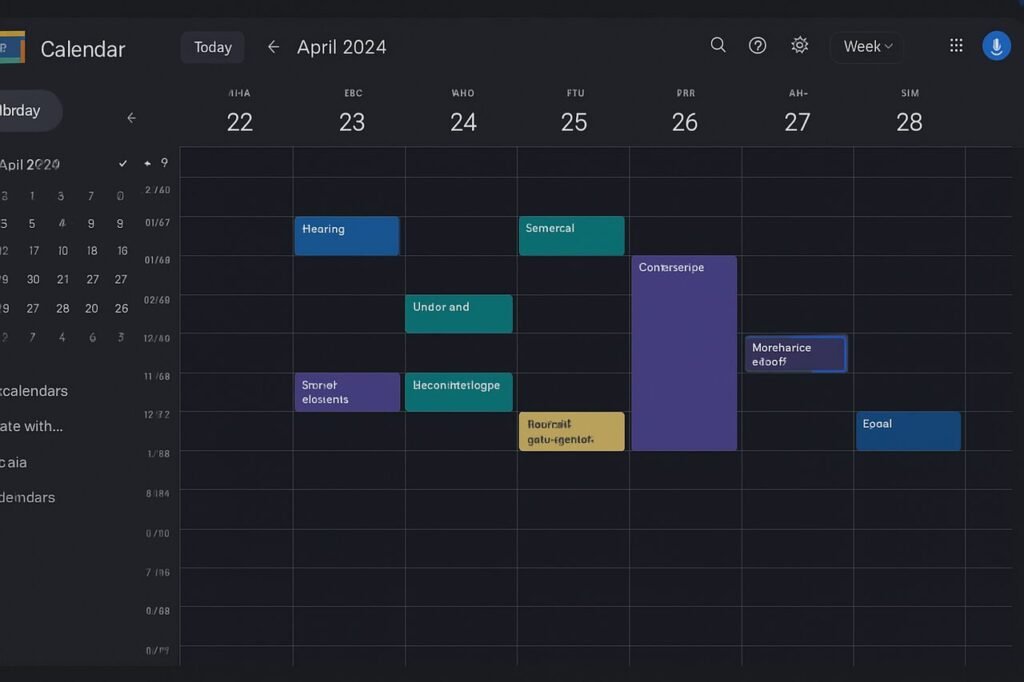 Google Calendar in dark mode with scheduled events.