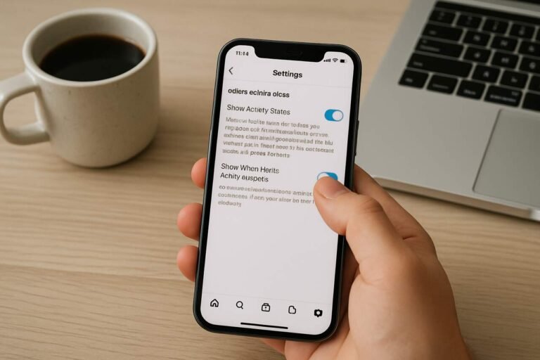 Hand holding phone showing Instagram active status settings screen.