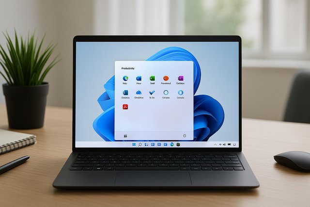 Windows 11 laptop showing productivity apps in S Mode on a clean desk setup.