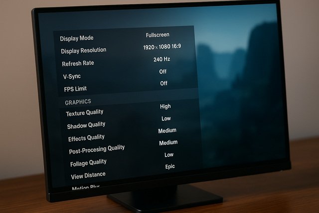 Gaming monitor with graphics settings menu optimized for high FPS.
