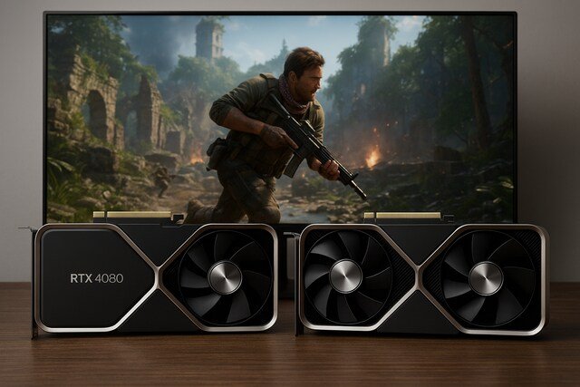 RTX 4080 vs 4080 Super GPUs in front of a gaming scene