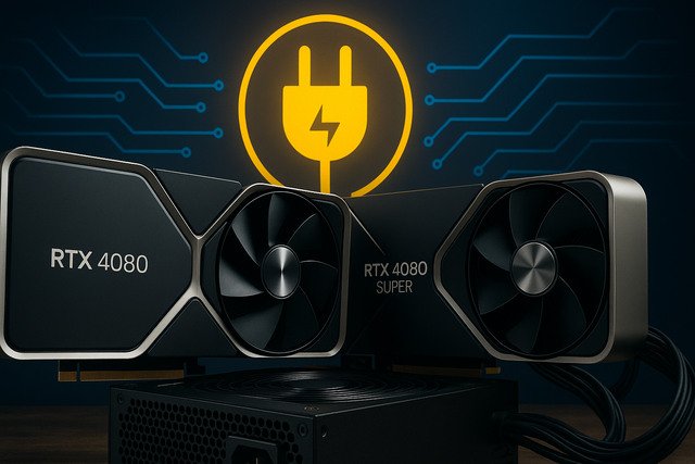 RTX 4080 Super and 4080 GPUs showing power efficiency comparison.