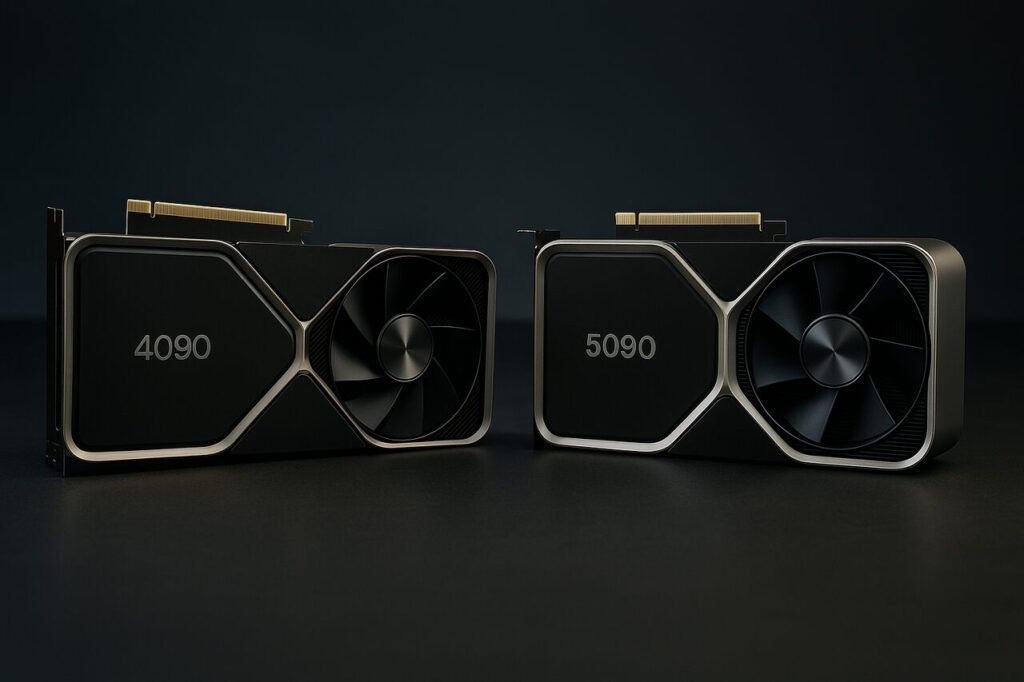 Nvidia RTX 4090 and 5090 GPUs side-by-side on a dark background.