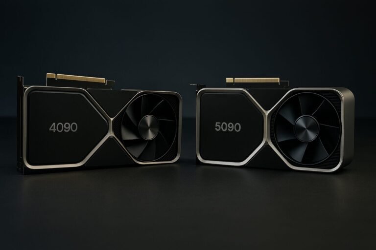 Nvidia RTX 4090 and 5090 GPUs side-by-side on a dark background.