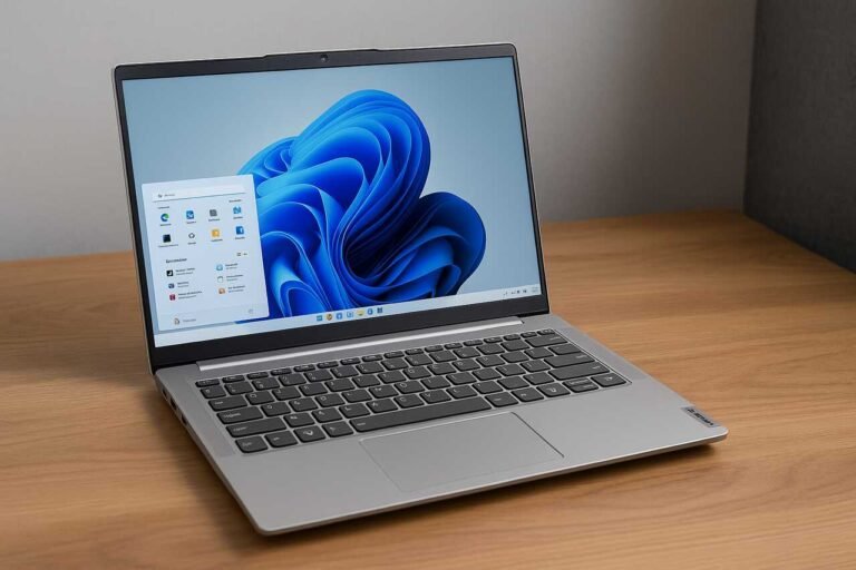 Lenovo IdeaPad Slim 3 laptop on wooden desk with screen on.