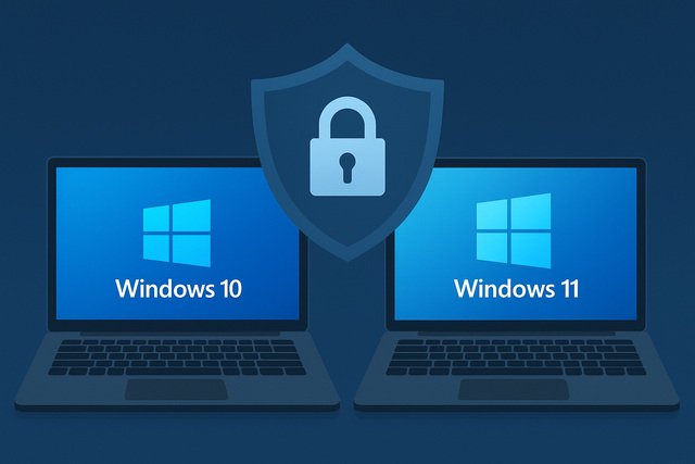 Windows 10 vs Windows 11 laptops with a security shield icon between them.