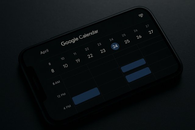 iPhone showing Google Calendar in dark mode with events scheduled.