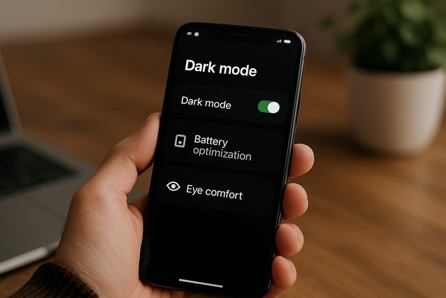 Smartphone showing dark mode settings for battery and eye comfort.