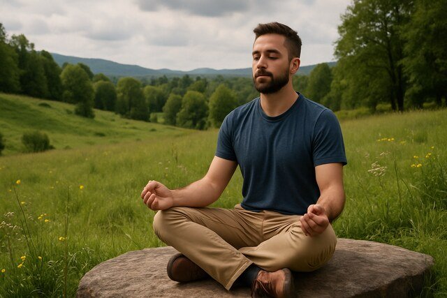 Man meditating in a peaceful green meadow