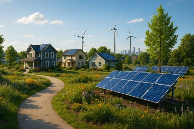 Futuristic eco-friendly neighborhood with solar homes and wind turbines