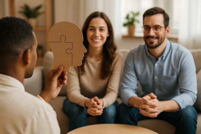 Person holding a puzzle-shaped head with a couple in the background.