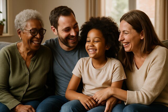 Smiling family sharing a joyful moment on a sofa.