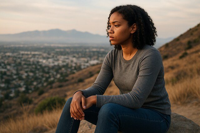 Woman reflecting on a hillside with city view at sunset.