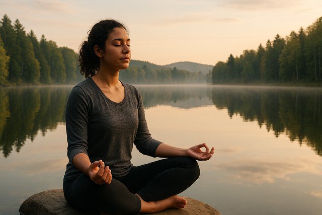 Woman meditating by a tranquil lake at sunrise.
