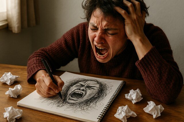 Person expressing intense emotions through journaling in a sketchbook.