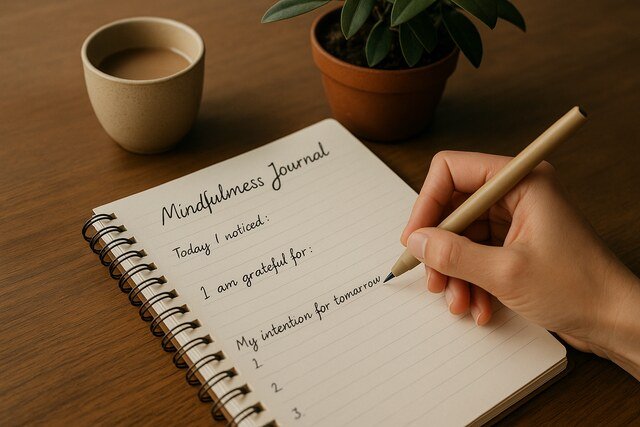Person writing in a mindfulness journal with tea and plant on table.