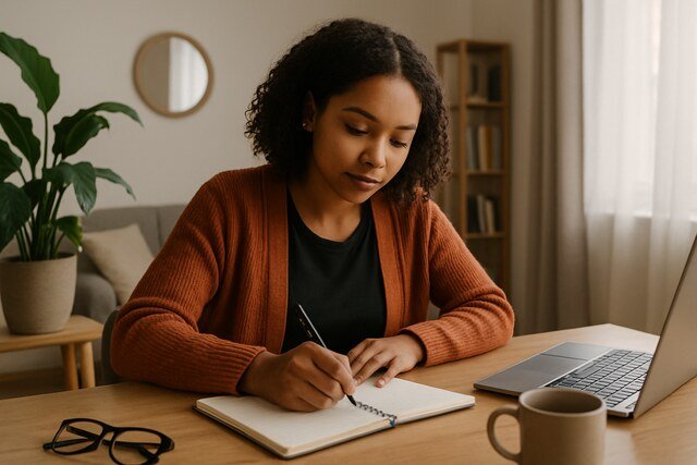 Woman writing in a cozy and calm home workspace.