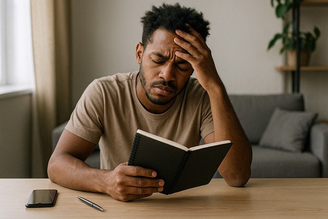 Man journaling emotional triggers at home workspace.