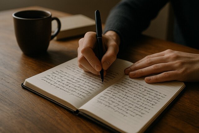 Hands writing in a notebook with pen on a wooden table.