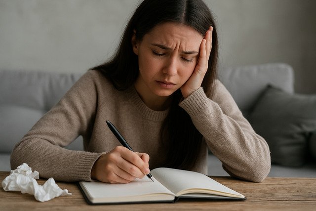 Woman writing emotionally in journal with tissues nearby.
