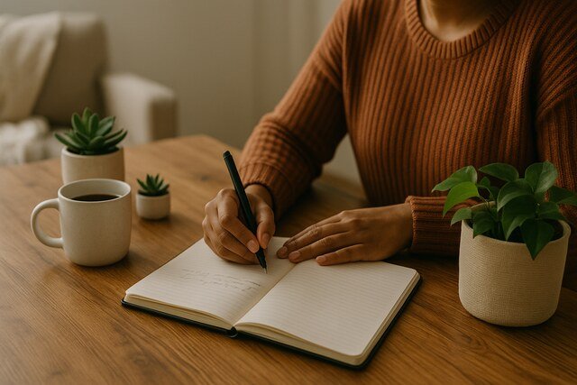 Person journaling at a cozy wooden table with plants and a coffee mug