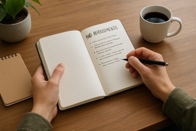 Person writing in a journal with coffee and plant nearby