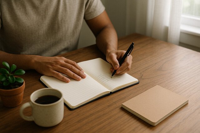 Person journaling at a desk with coffee and plant nearby