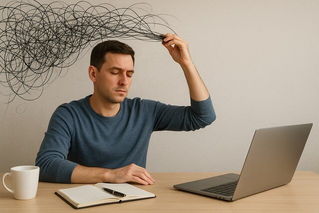 Man removing tangled scribbles from head to clear mental clutter