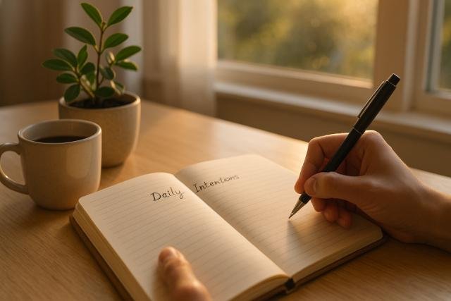 Hand writing in a journal labeled Daily Intentions beside coffee and a plant on a sunlit desk.