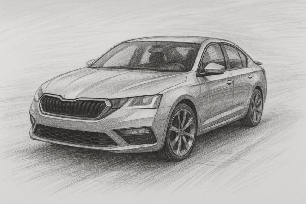 Realistic pencil sketch of a car in motion.