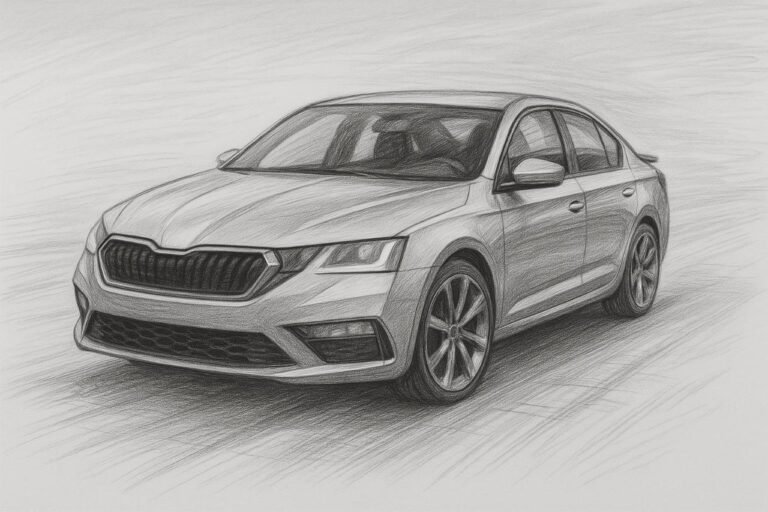 Realistic pencil sketch of a car in motion.