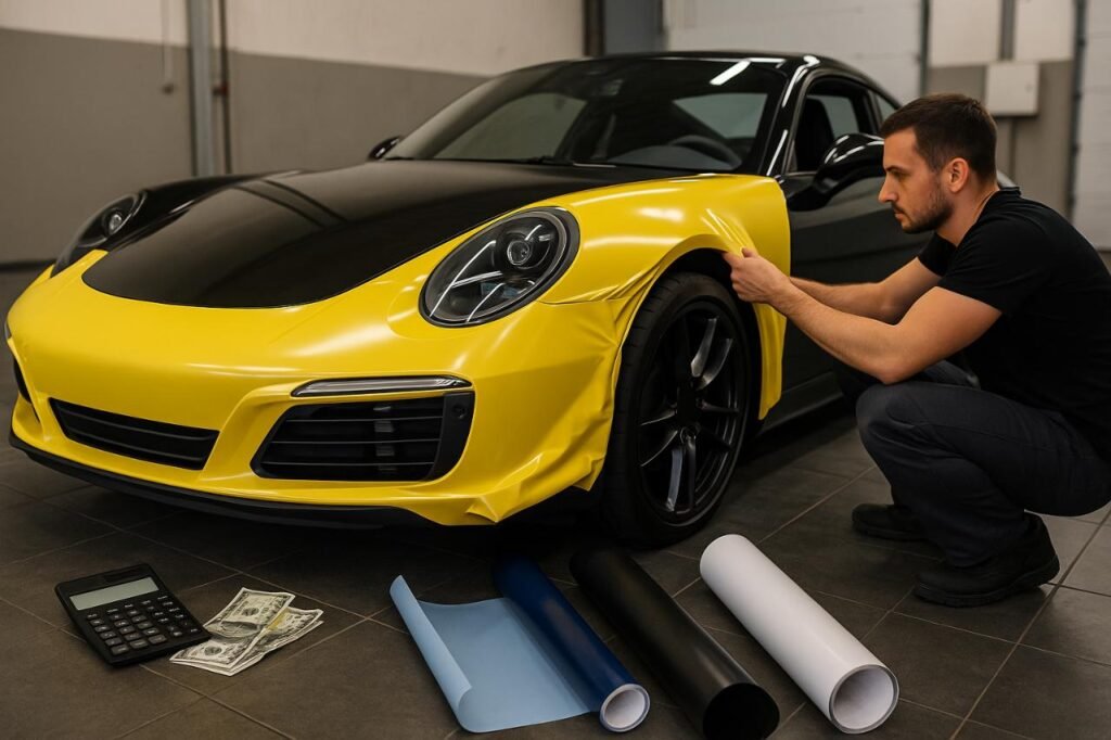 Technician applying yellow vinyl wrap to a black sports car in a garage with costs displayed.