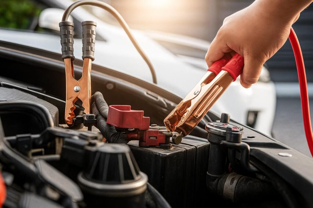 Person jump-starting a car using jumper cables in a driveway.