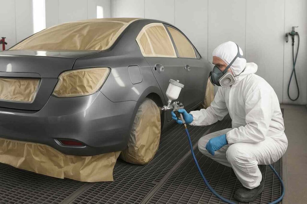 Car being painted in an auto body shop with spray equipment