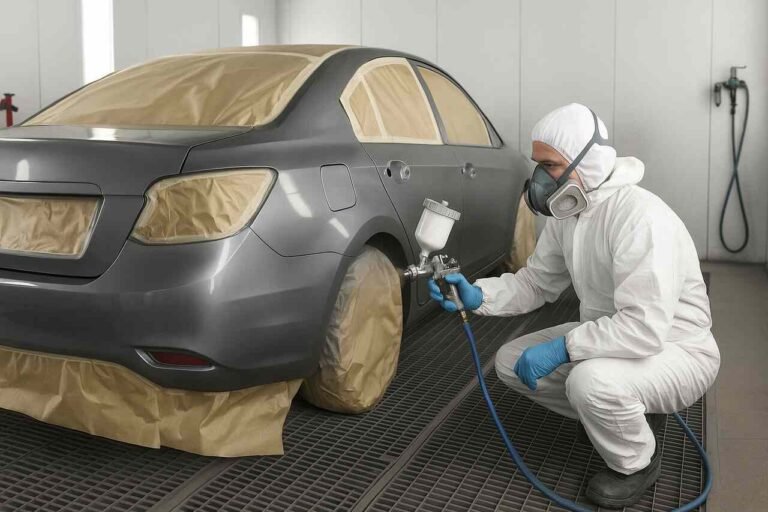 Car being painted in an auto body shop with spray equipment