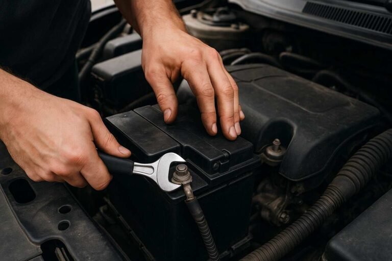 Mechanic disconnecting car battery with a wrench