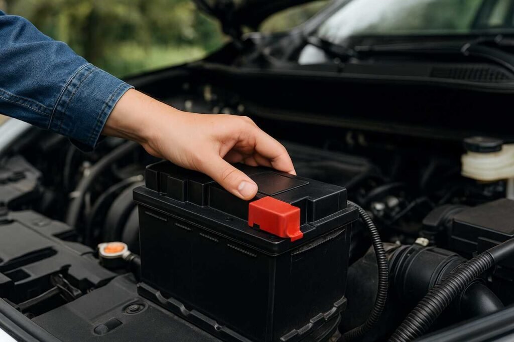 Hand inspecting a car battery under the hood.