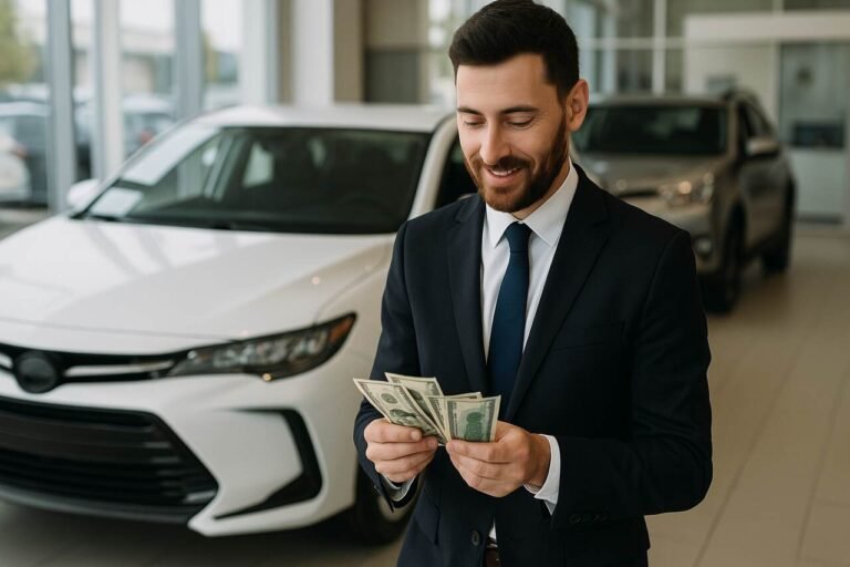 Car salesman counting money in showroom with cars in background.