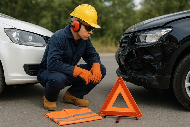 Technician inspecting damaged vehicles with safety gear after accident.