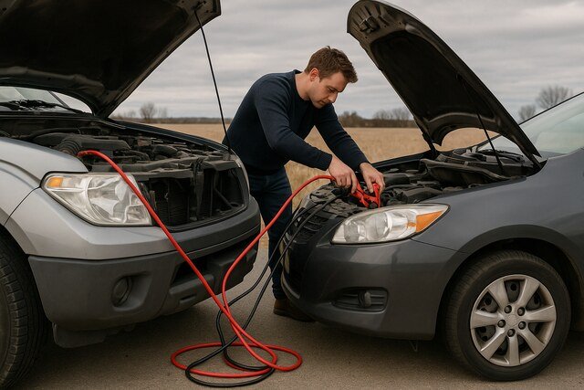 Man jumpstarting a dead car using jumper cables.