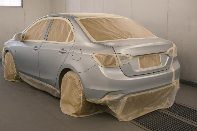 Car masked for painting in auto body booth.