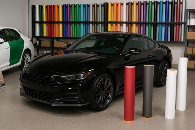 Car wrap materials displayed in garage with sports cars