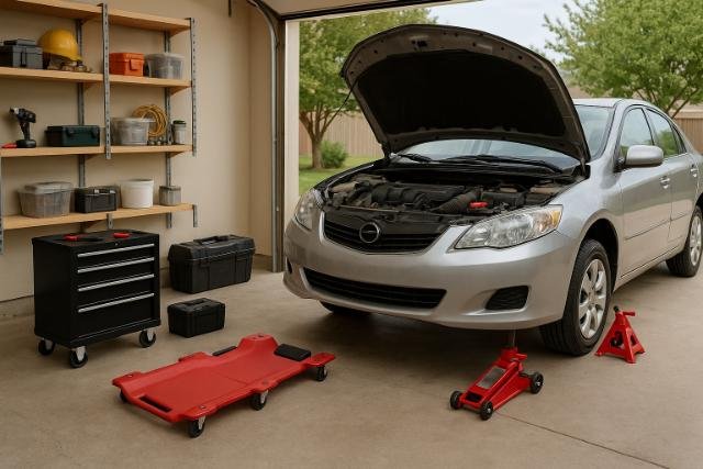 Vehicle in garage with tools prepared for maintenance.