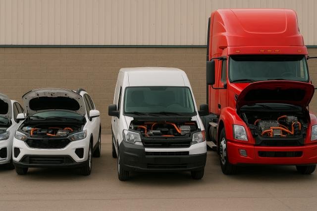 Vehicles with open hoods showing electric and hybrid powertrains for voltage comparison.