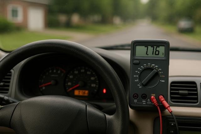 Car multimeter showing voltage drop during engine start-up